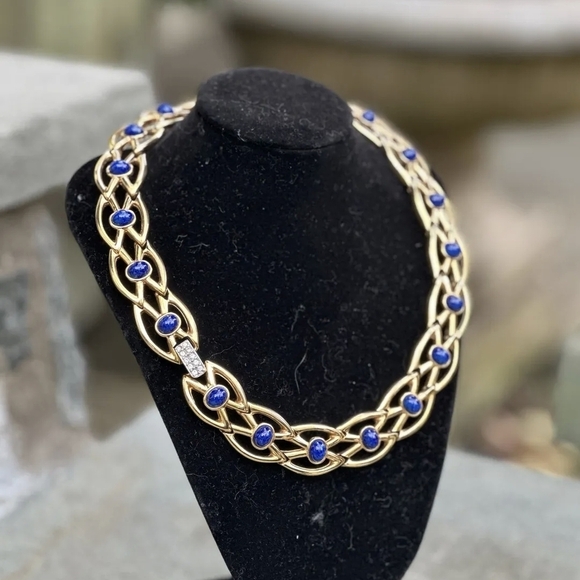 None Jewelry - Vintage 24KGP Gate Link Blue Sapphire Cabochon Necklace